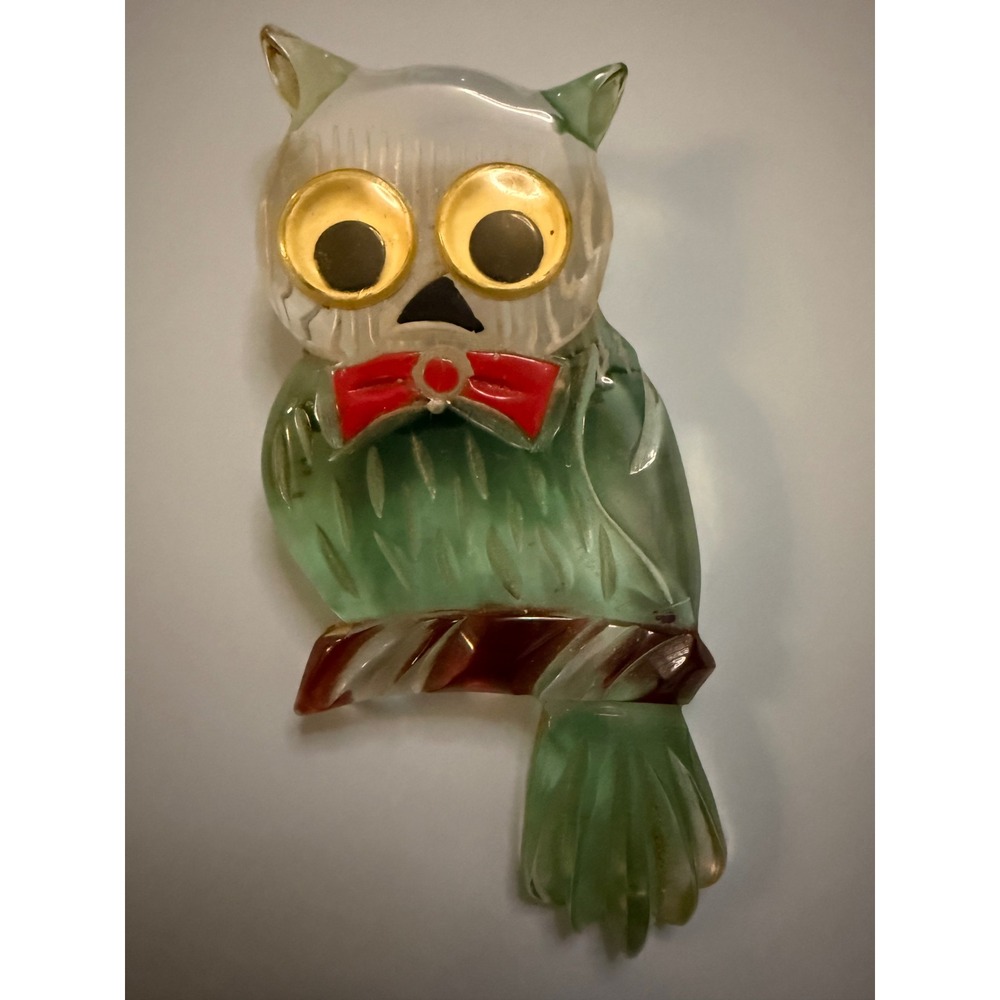 Vintage 1920 Carved Lucite Owl Brooch Green Clear Reverse Carved Mid Century Pin